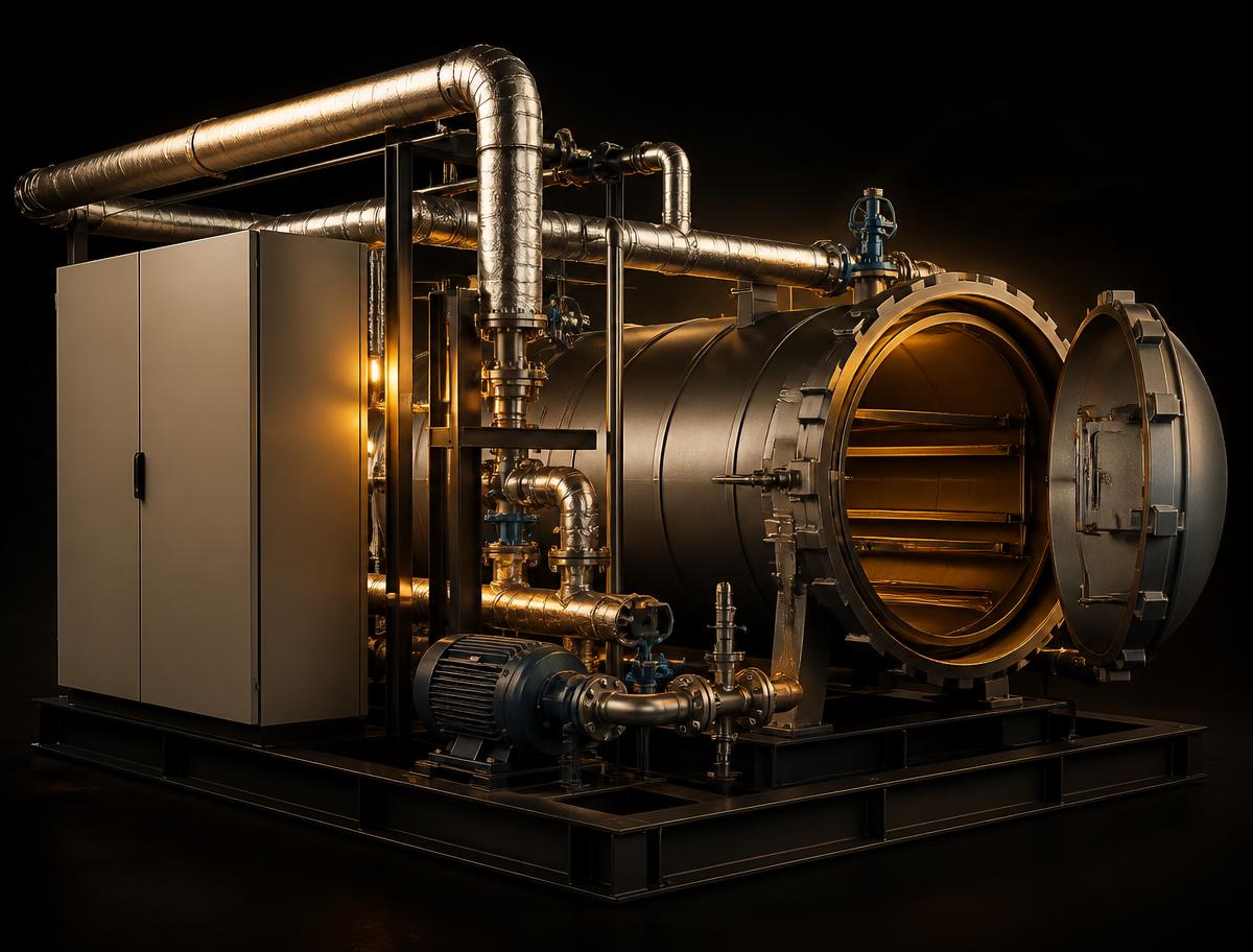 Steam curing system skid with insulated piping and curing chamber