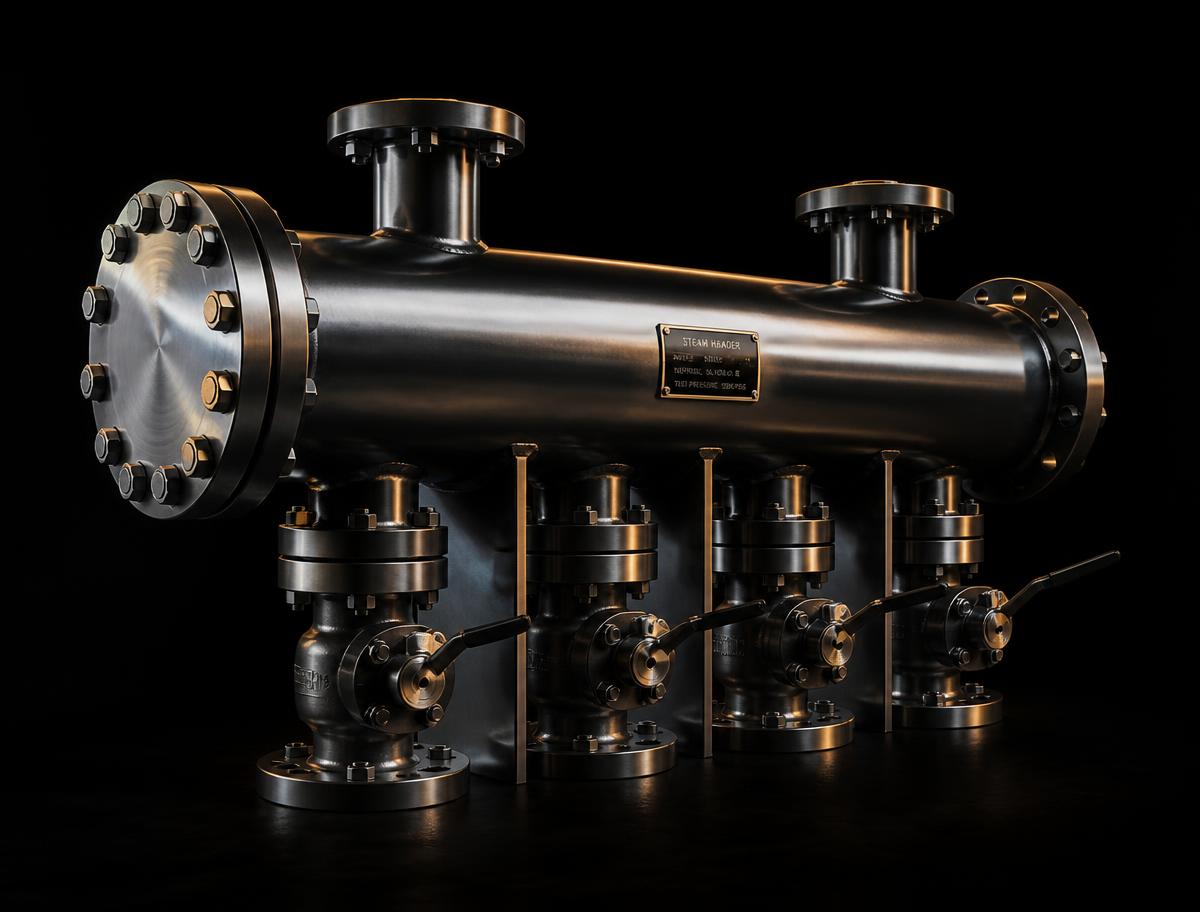 Fabricated steam distribution header with flanged outlets and valves