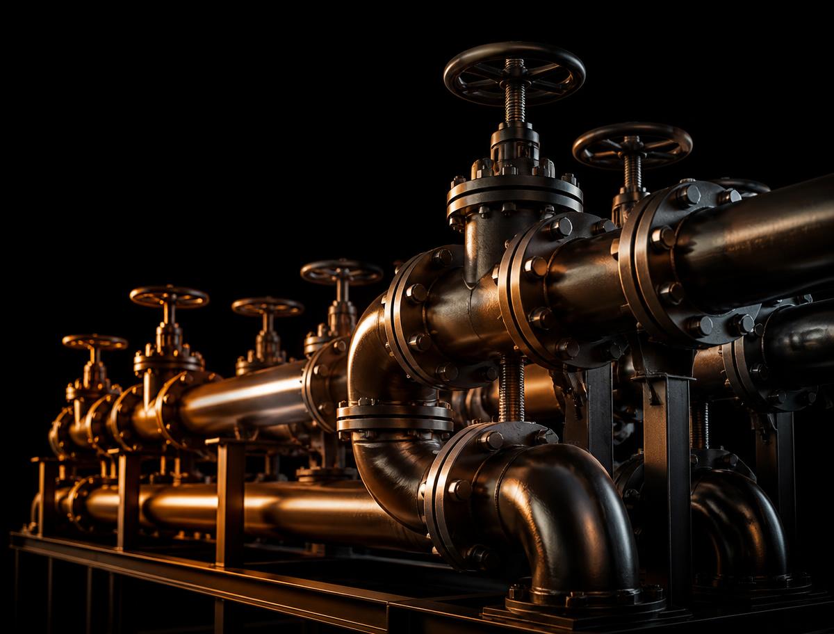 Industrial process pipeline with valves and flanges on pipe racks